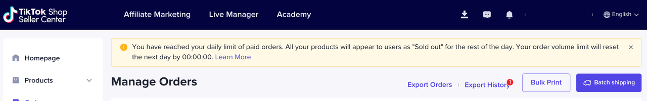 Giới hạn đơn TikTok Shop US