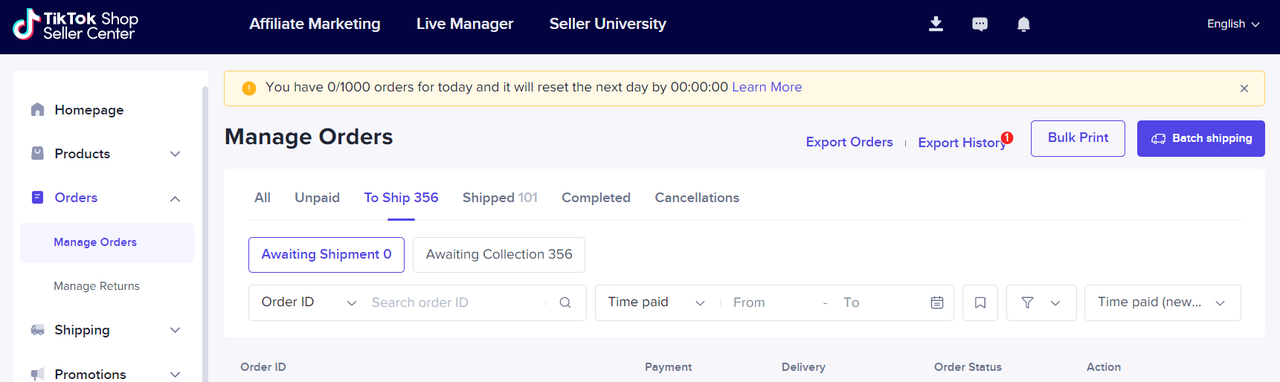 Giới hạn đơn TikTok Shop US